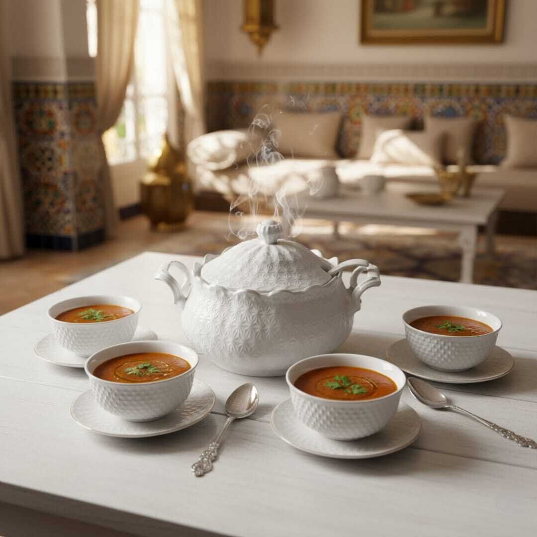 Ensemble 15 Pieces Soupière avec Couvercle et Louche et 6 Bols et 6 Assiettes en Porcelaine Blanche