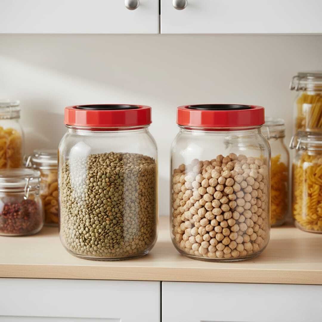 SET 2 Bocaux de Conservation en Verre 2L avec Couvercle Rouge – Stockage Alimentaire Hermétique