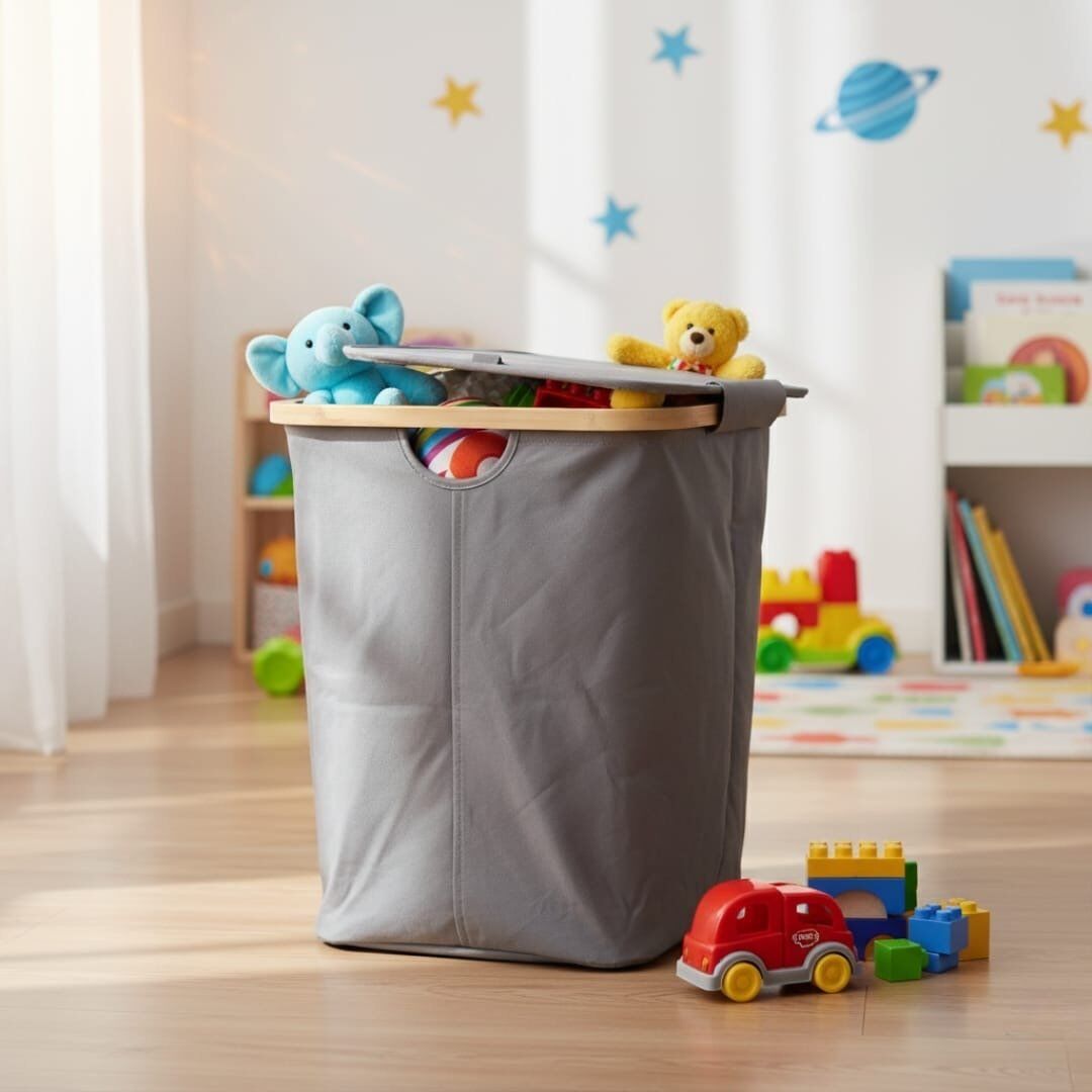 Panier de Rangement Pliable pour Linge avec couvercle 45cm/49cm avec Cadre en Bambou et Poignées - Corbeille Pliable - Panier Polyvalent pour Linge - Vêtements - Couvertures