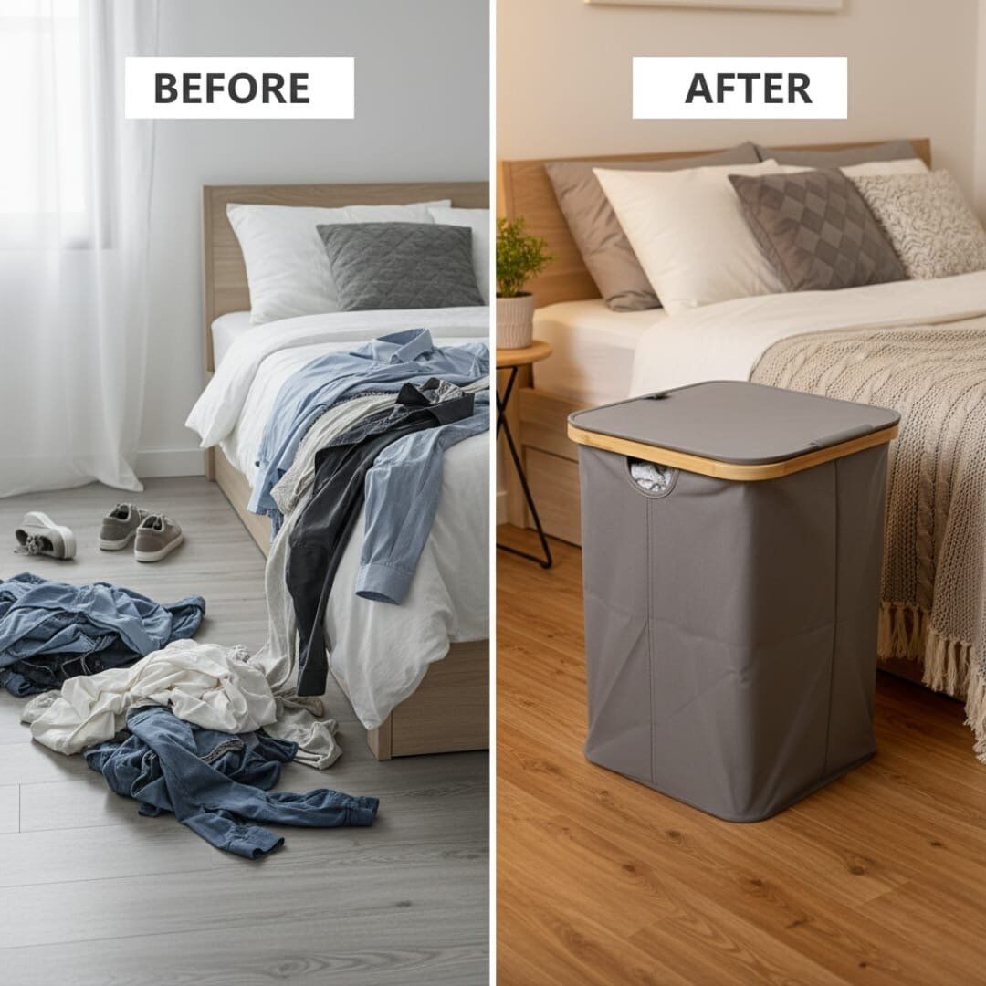 Panier de Rangement Pliable pour Linge avec couvercle 45cm/49cm avec Cadre en Bambou et Poignées - Corbeille Pliable - Panier Polyvalent pour Linge - Vêtements - Couvertures