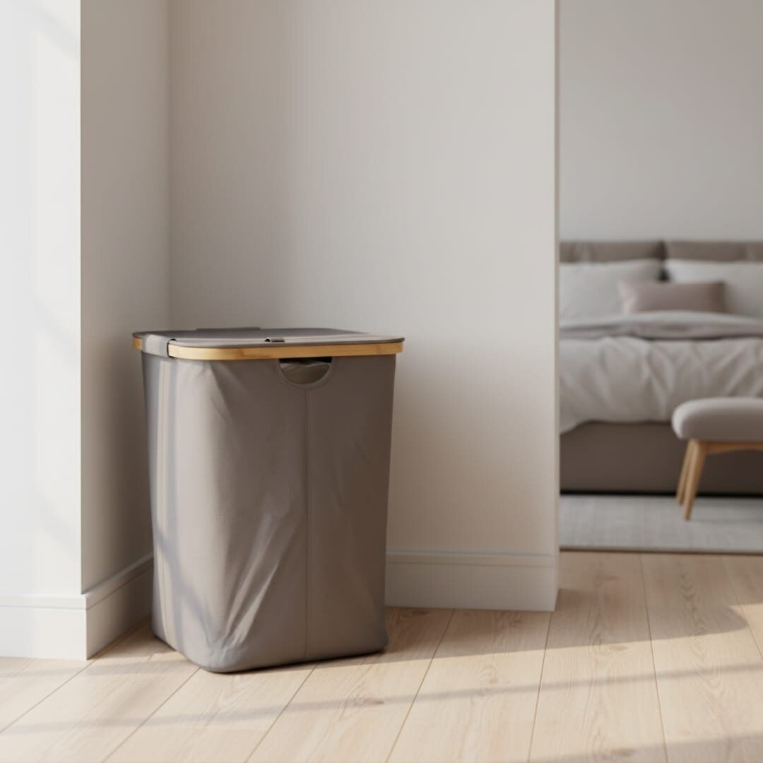 Panier de Rangement Pliable pour Linge avec couvercle 45cm/49cm avec Cadre en Bambou et Poignées - Corbeille Pliable - Panier Polyvalent pour Linge - Vêtements - Couvertures thumbnail 3