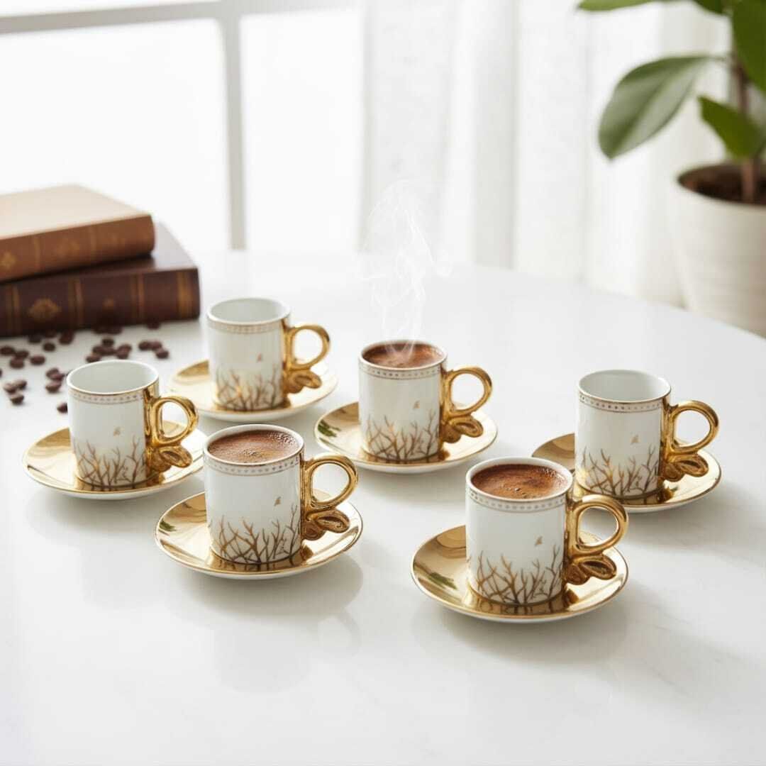 Set de 6 tasses à thé en porcelaine 100 ml avec soucoupes dorées – Élégance et raffinement intemporel thumbnail 1