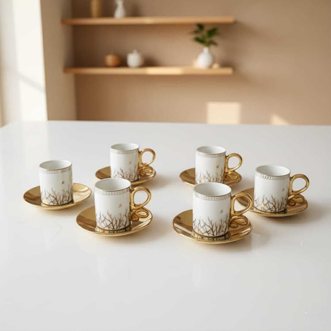 Set de 6 tasses à thé en porcelaine 100 ml avec soucoupes dorées – Élégance et raffinement intemporel thumbnail 2