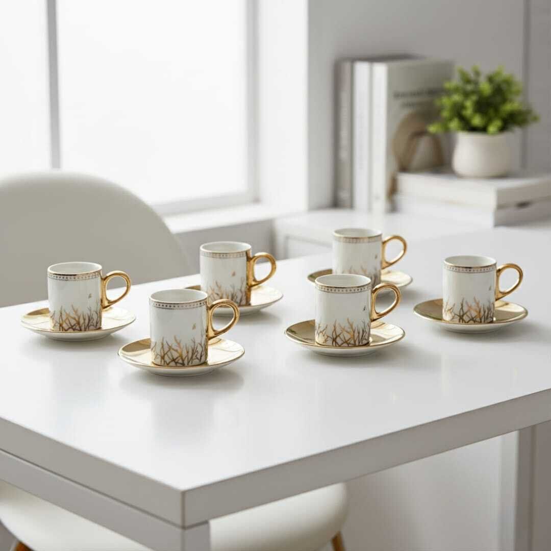 Set de 6 tasses à thé en porcelaine 100 ml avec soucoupes dorées – Élégance et raffinement intemporel thumbnail 3