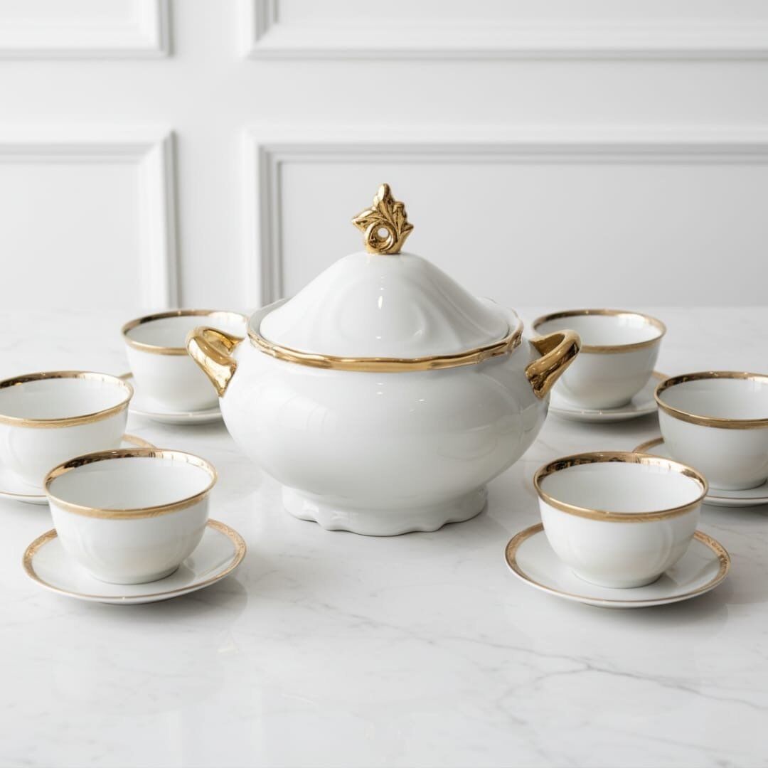 Ensemble 15 Pieces Soupière Royale avec Couvercle et Louche et 6 Bols et 6 Assiettes en Porcelaine Blanche Détails Dores thumbnail 1