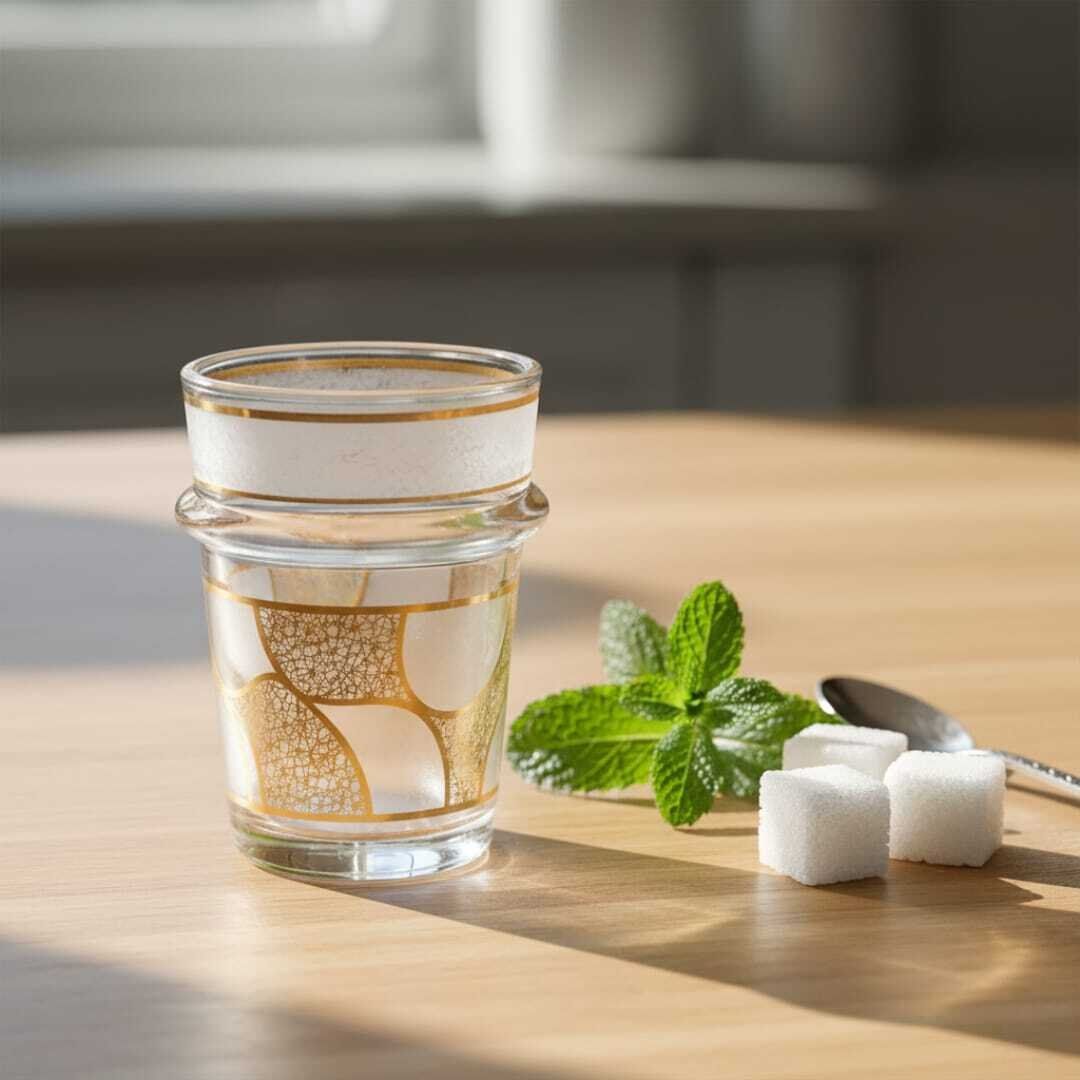 Set de 6 verres à thé cristallin marocains en verre transparent avec bord doré thumbnail 3