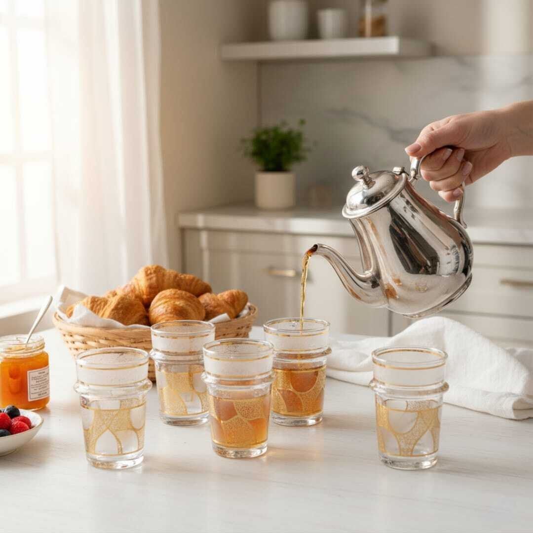 Set de 6 verres à thé cristallin marocains en verre transparent avec bord doré thumbnail 4