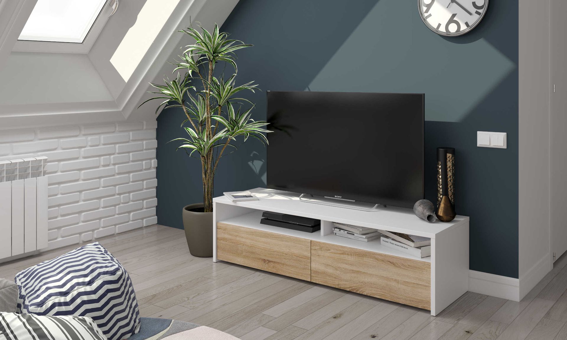 Kioto Meuble Tv Avec 2 Portes (blanc Et Chêne) 130 Cm