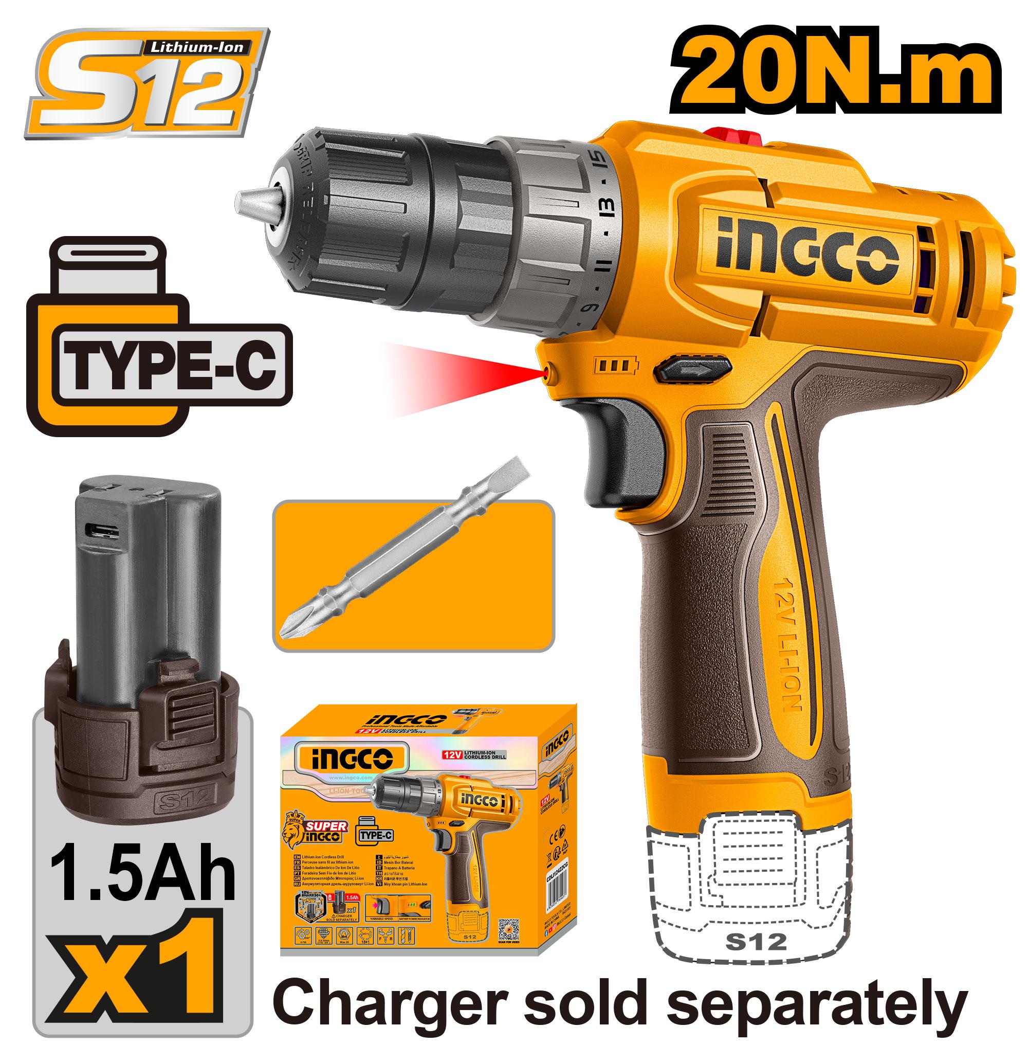 Visseuse 12v 20nm +1 Batterie 1.5ah Chargeur Type-c Ingco