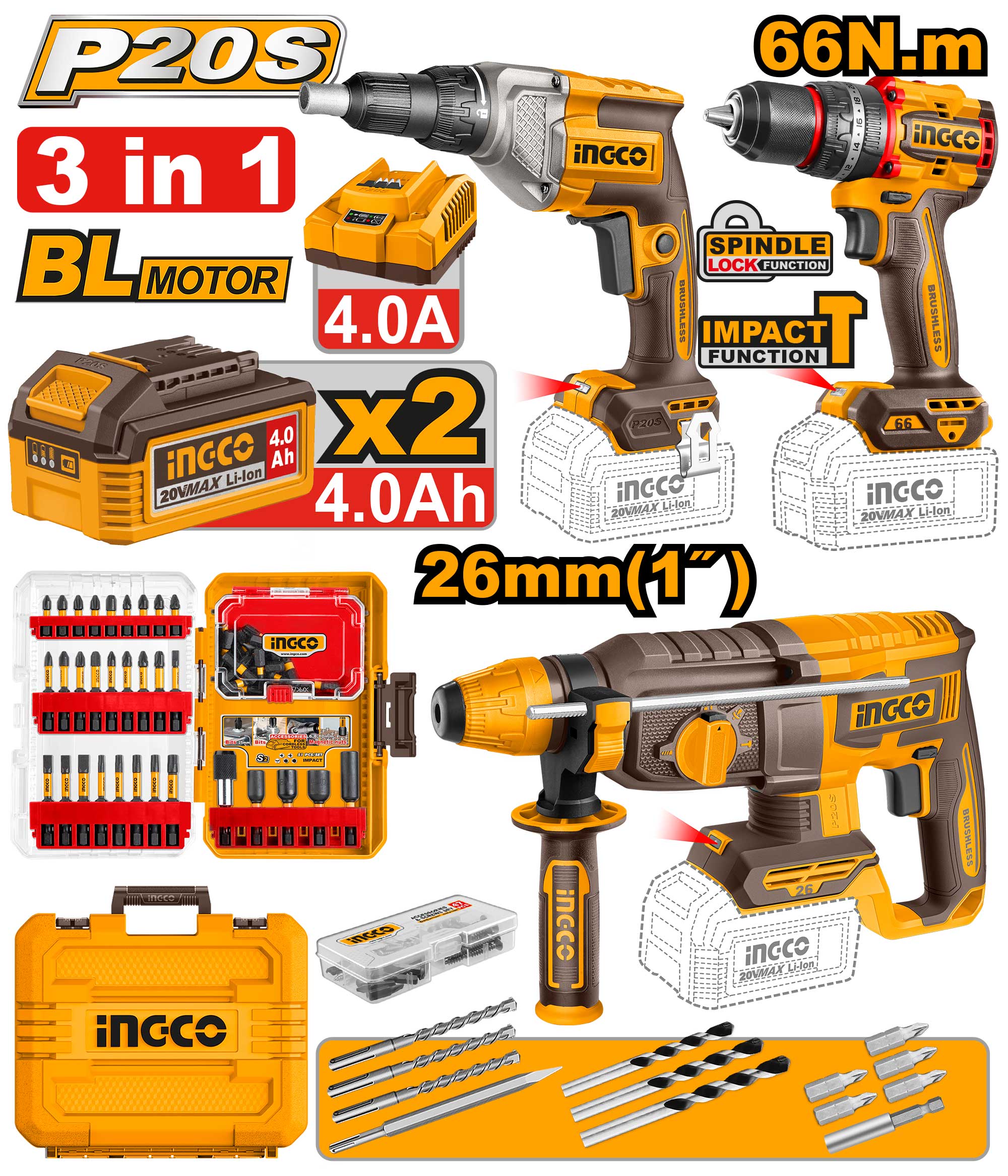 Pack de 3 Machines Visseuse 66nm + Visseuse pour Cloisons + Marteau 26mm + 2 Batteries 4ah