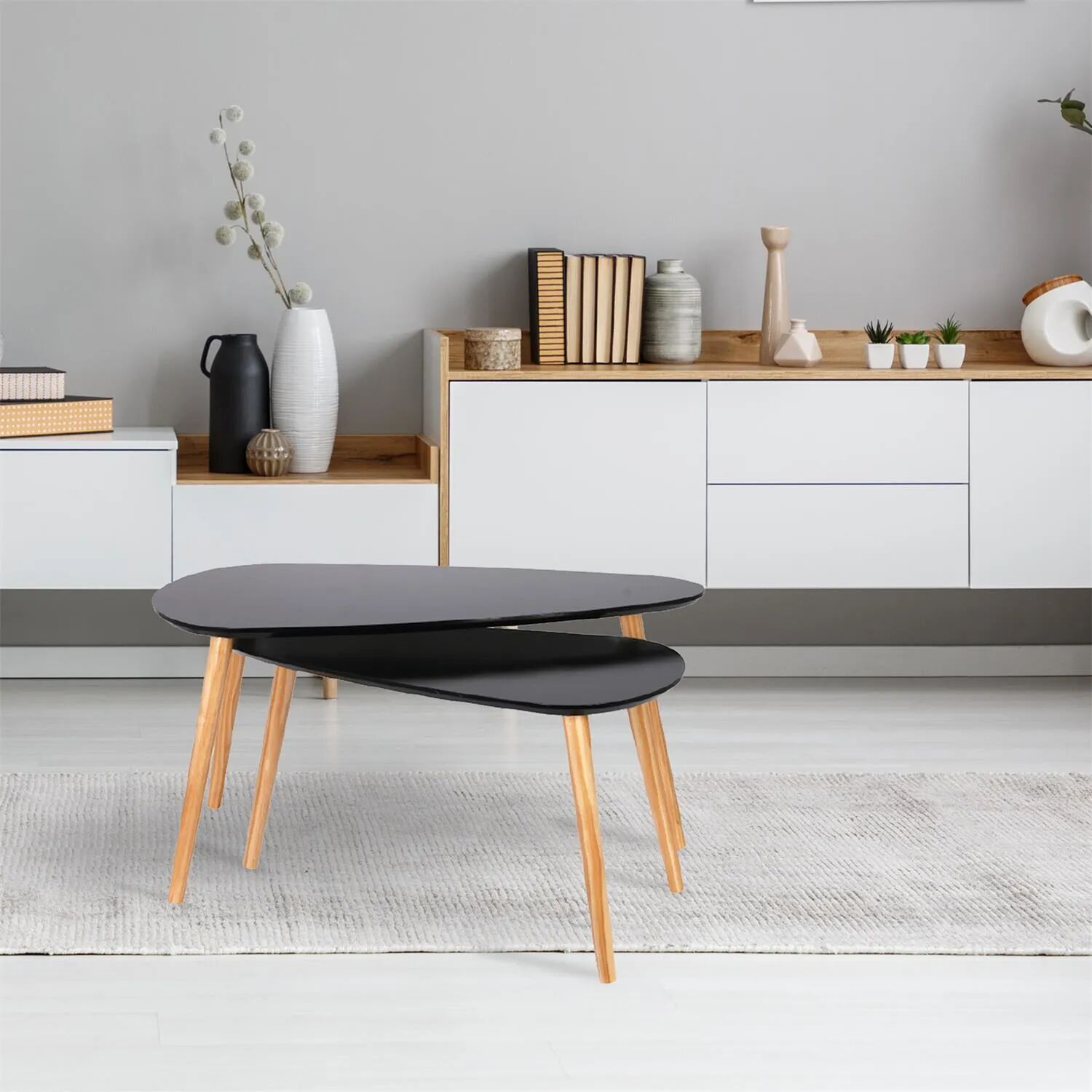 Franky Table Basse Gigogne Galet Noir 80 X 50 X 39.5 Cm