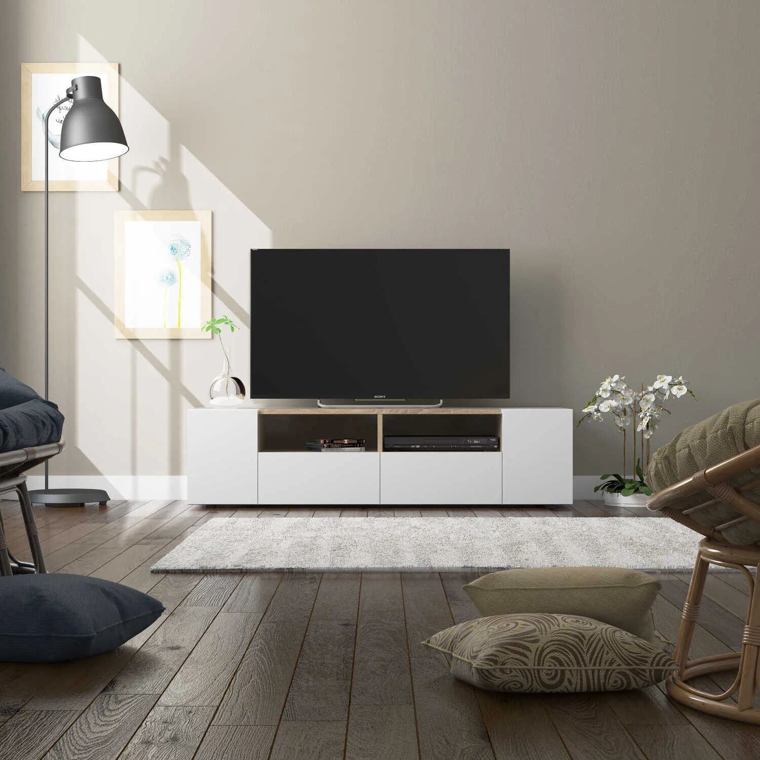TAMIKO Meuble TV avec 4 portes (Blanc et chêne) 138 cm
