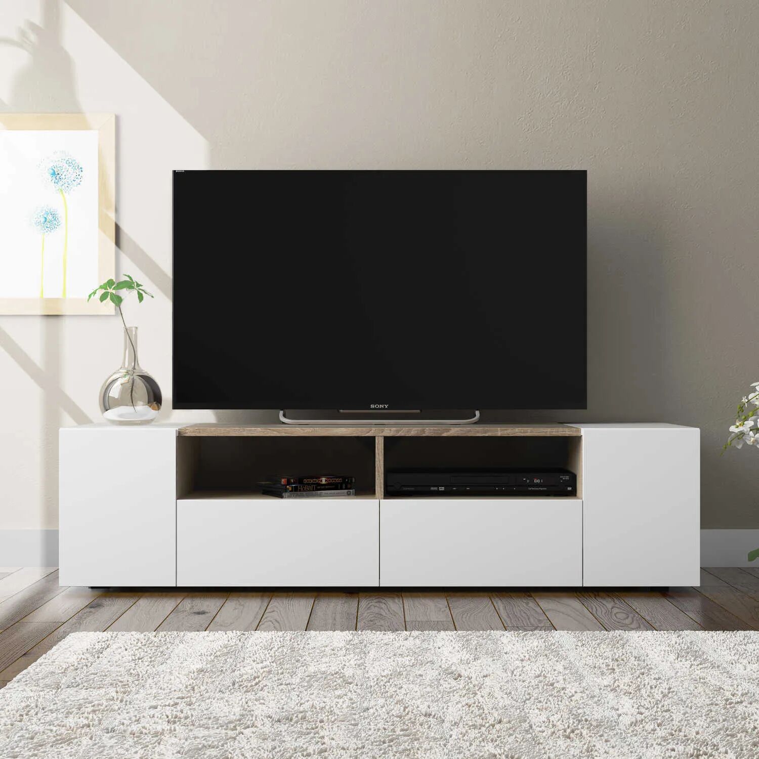 TAMIKO Meuble TV avec 4 portes (Blanc et chêne) 138 cm