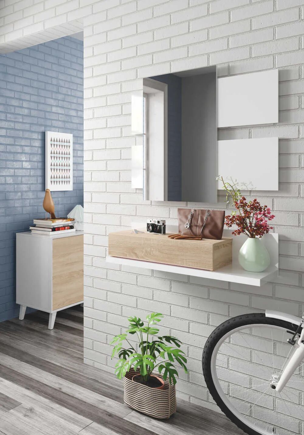 TEKKAN Meuble dentrée Blanc et Chêne avec miroir