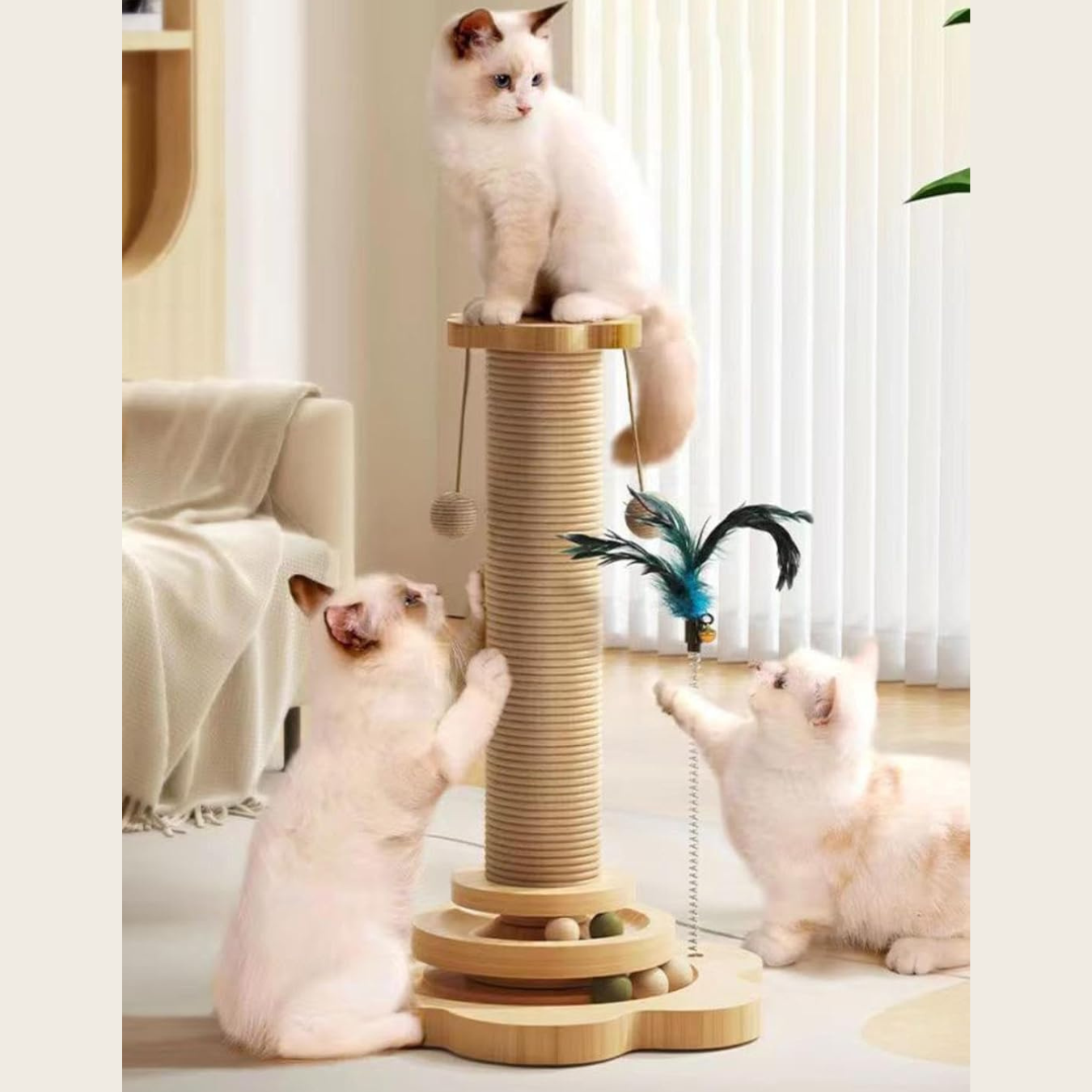 Wooden Cat Toy with Sisal Scratching Post & Turntable