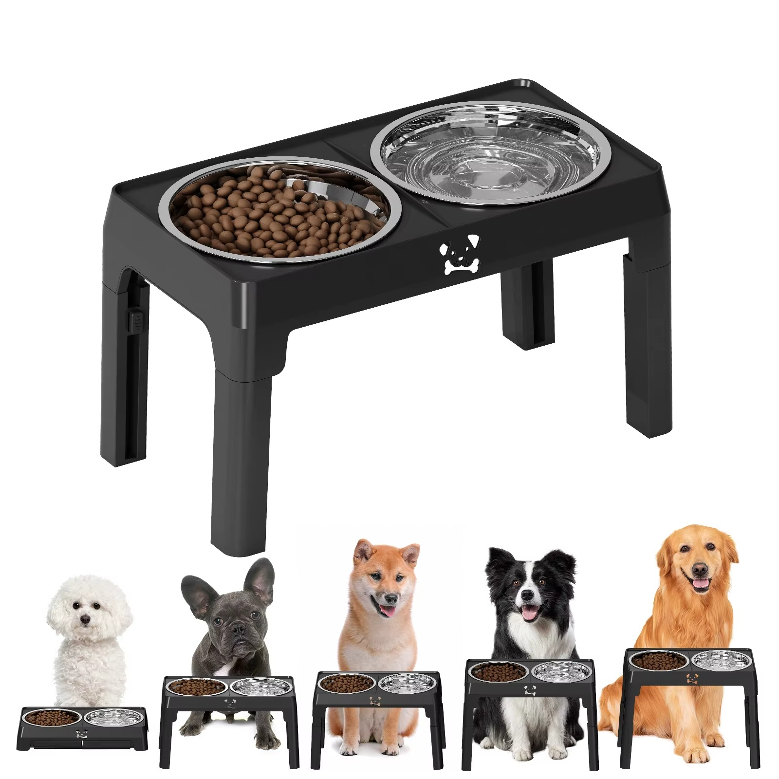 Adjustable Elevated Dog Bowls – Raised Feeder with 5 Heights