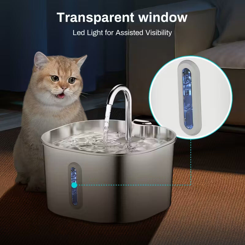 Stainless Steel Pet Water Fountain – 2.2L Quiet Filtered Dispenser