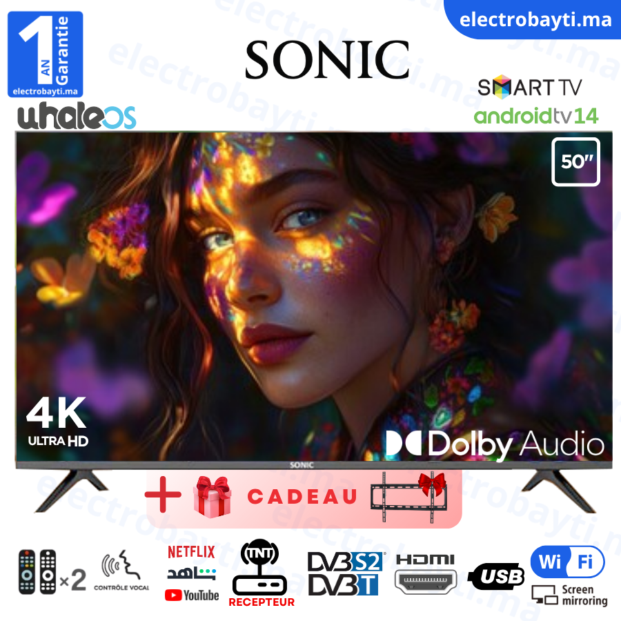Smart tv 50" - 4K UHD - Système WhaleOS - Dolby Audio - Récepteur Intégré - TNT HD
