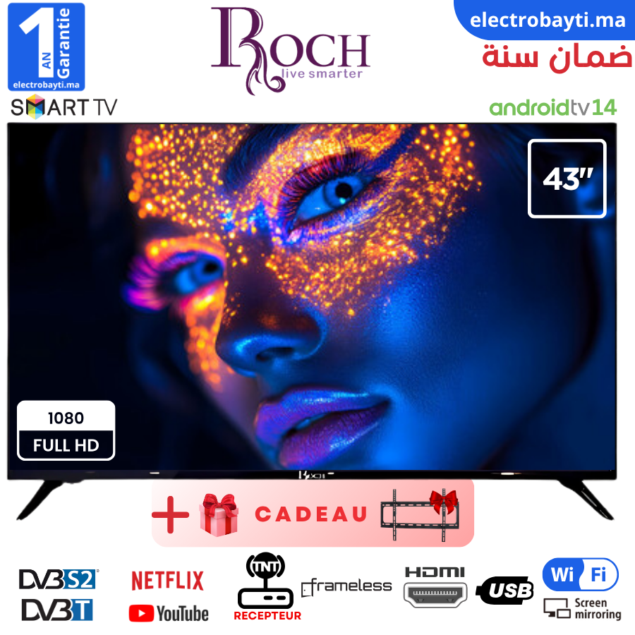 - LED - Smart TV - 43 pouce Android 13 Frameless avec support GRATUIT (12 mois garantie) Garantie 2ans