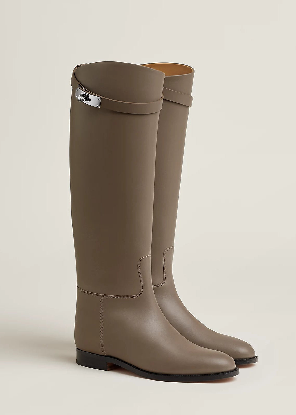 Bottes cavalières Plates en Cuir Marron-Gris thumbnail 1