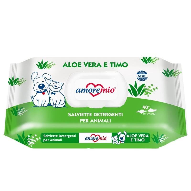 Amoremio-Lingettes humides pour chiens et chats | 40 PCS | Aloé Vera et Thym.