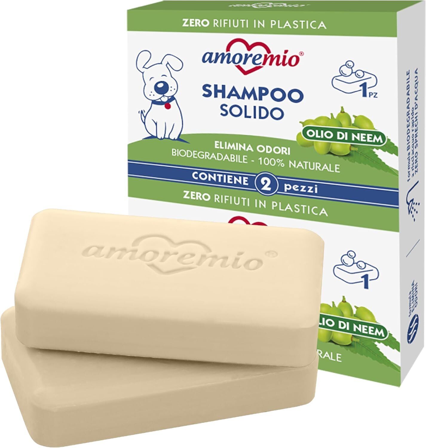 Amore Mio | 2 Shampoings Solides pour Chiens Adultes et Chiots, Extra Doux, Sans Parabènes ni Sulfates, Biodégradables et 100 % Naturels, Parfum à l’Huile de Neem, Résistants aux Mauvaises Odeurs