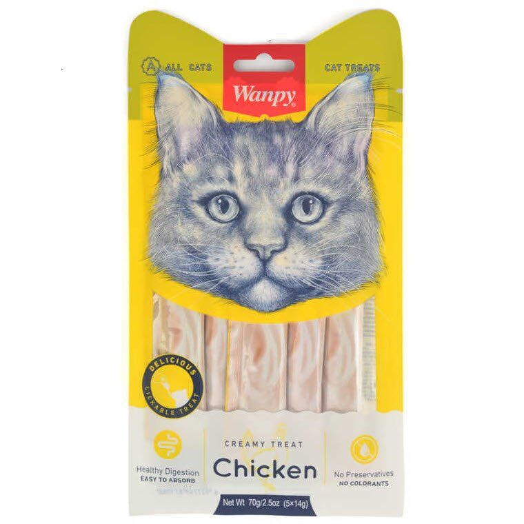 WANPY Friandises Crémeuses à Lécher pour Chat Poulet 5 Sachets de 14 g.