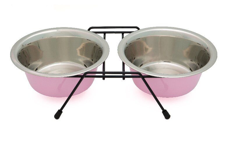 Leopet double support avec bols colorés en acier inoxydable 900ml.