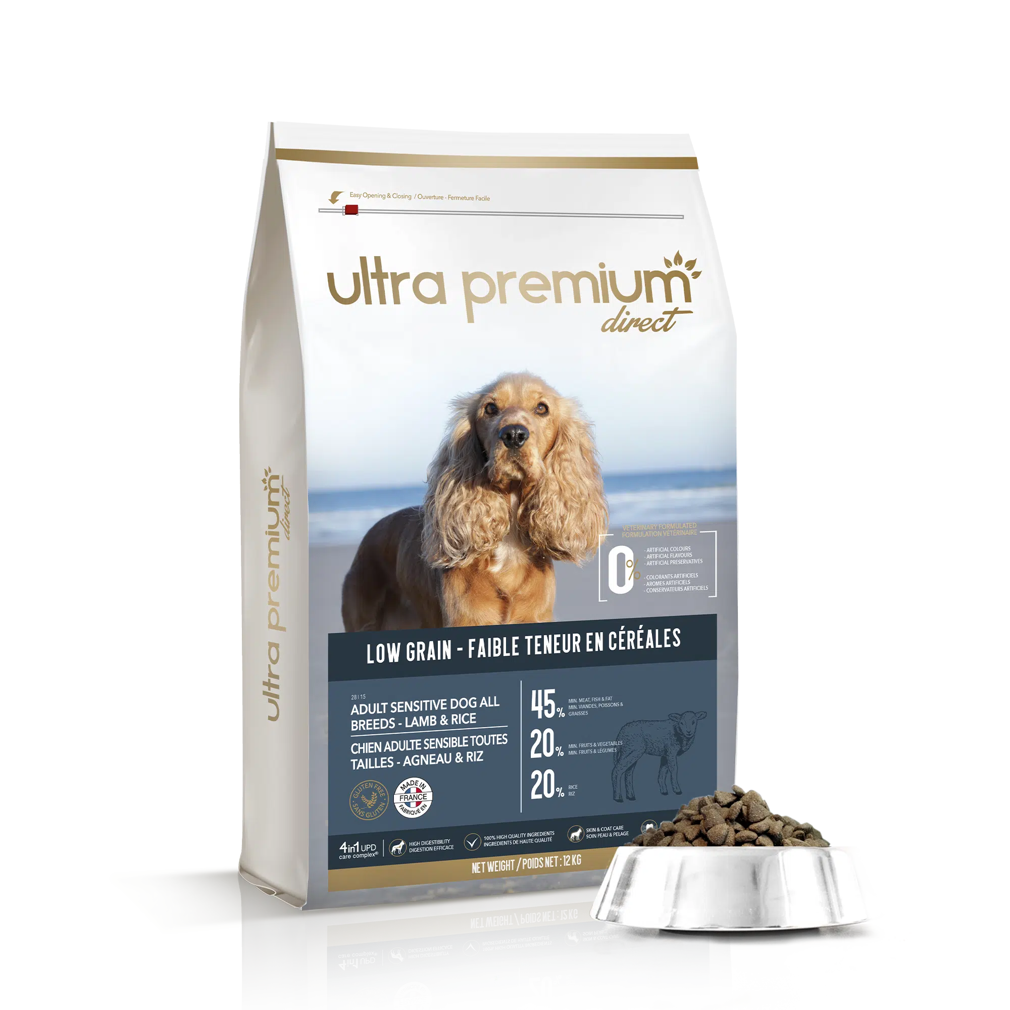 Ultra Premium Croquette Pour Chien  sensible sans céréales toutes tailles – Agneau et riz 12kg.