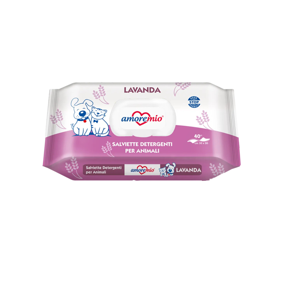 Amoremio Lingettes humides pour chiens et chats | 40 PCS | Lavande