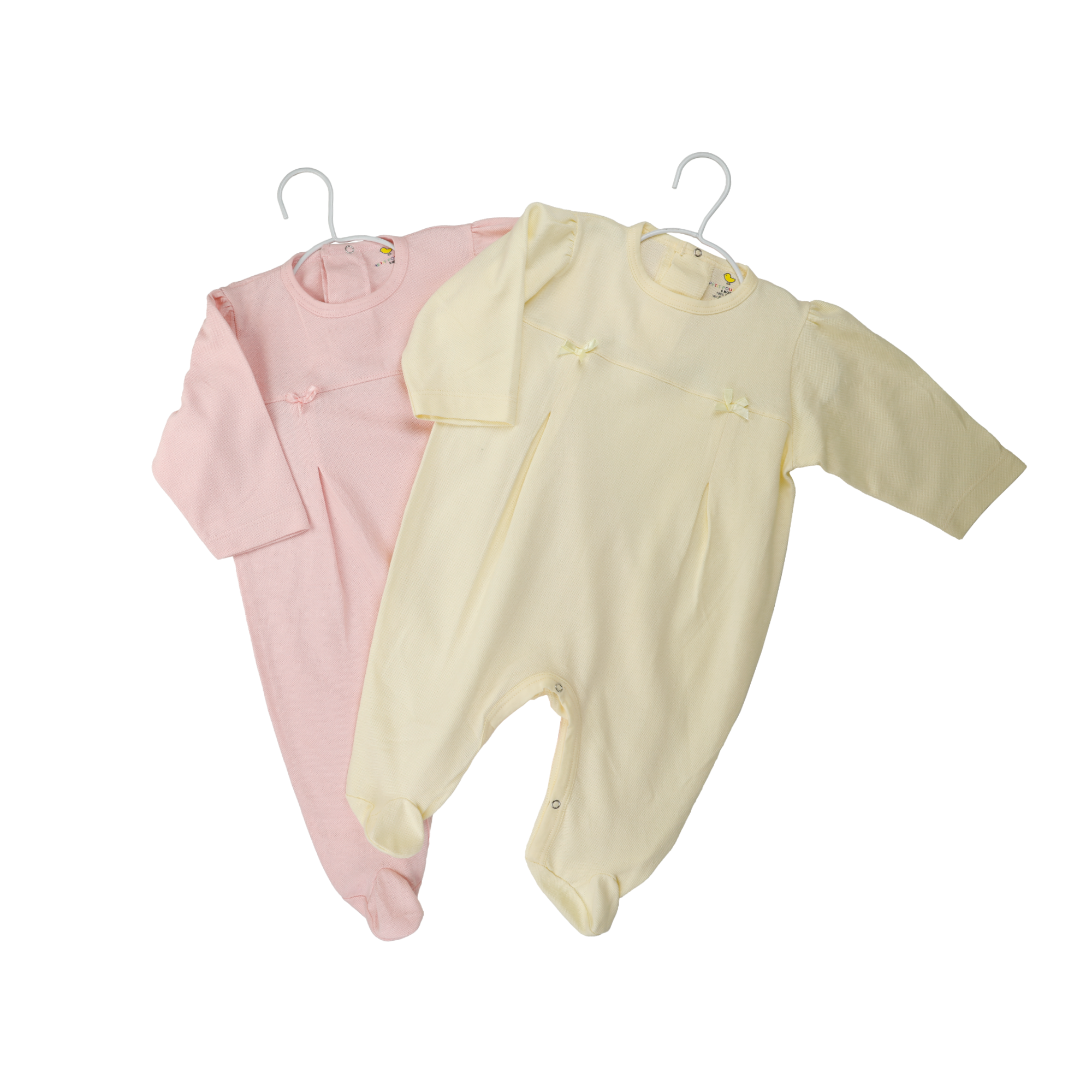 Lot de 2 Grenouillères Bébé Manches Longues Unies à Nœuds Petit Poussin