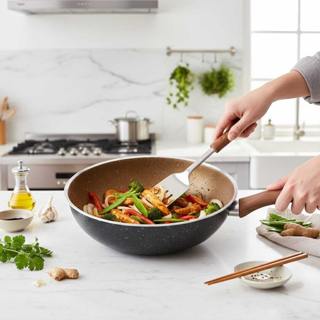 Duo 2 Poêles Wok 2 en 1 -Induction Anti Adhésif granit haute qualité Avec Poignée en bois thumbnail 2