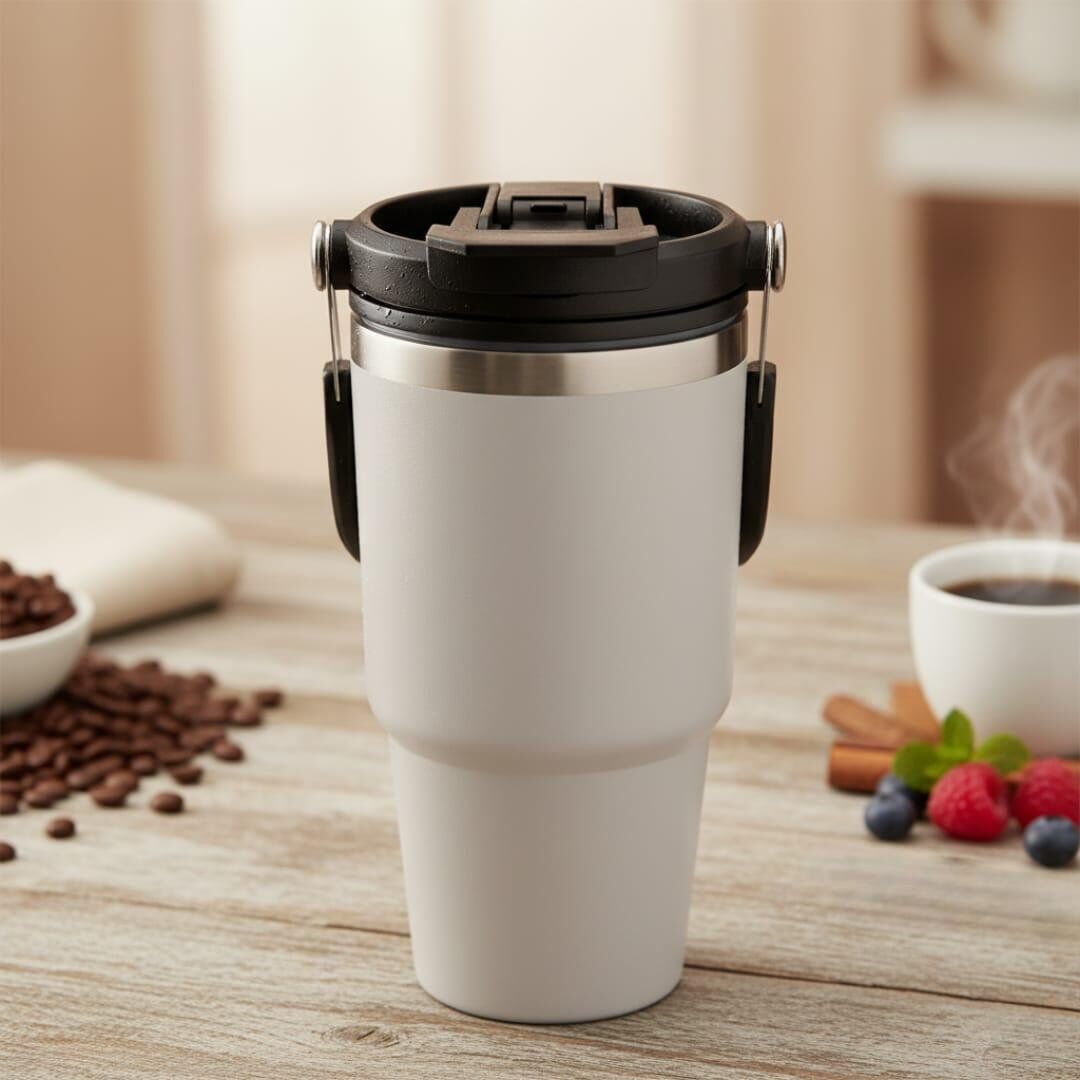 Thermos 600 Ml-avec paille-Gobelet Isotherm avec Couvercle en Acier Inoxydable Isolation des Boissons Chaudes et Froides Tasse à Café pour Eau, Café ou Thé Glacé/garde le chaud ou le froid 18h-Beige thumbnail 3