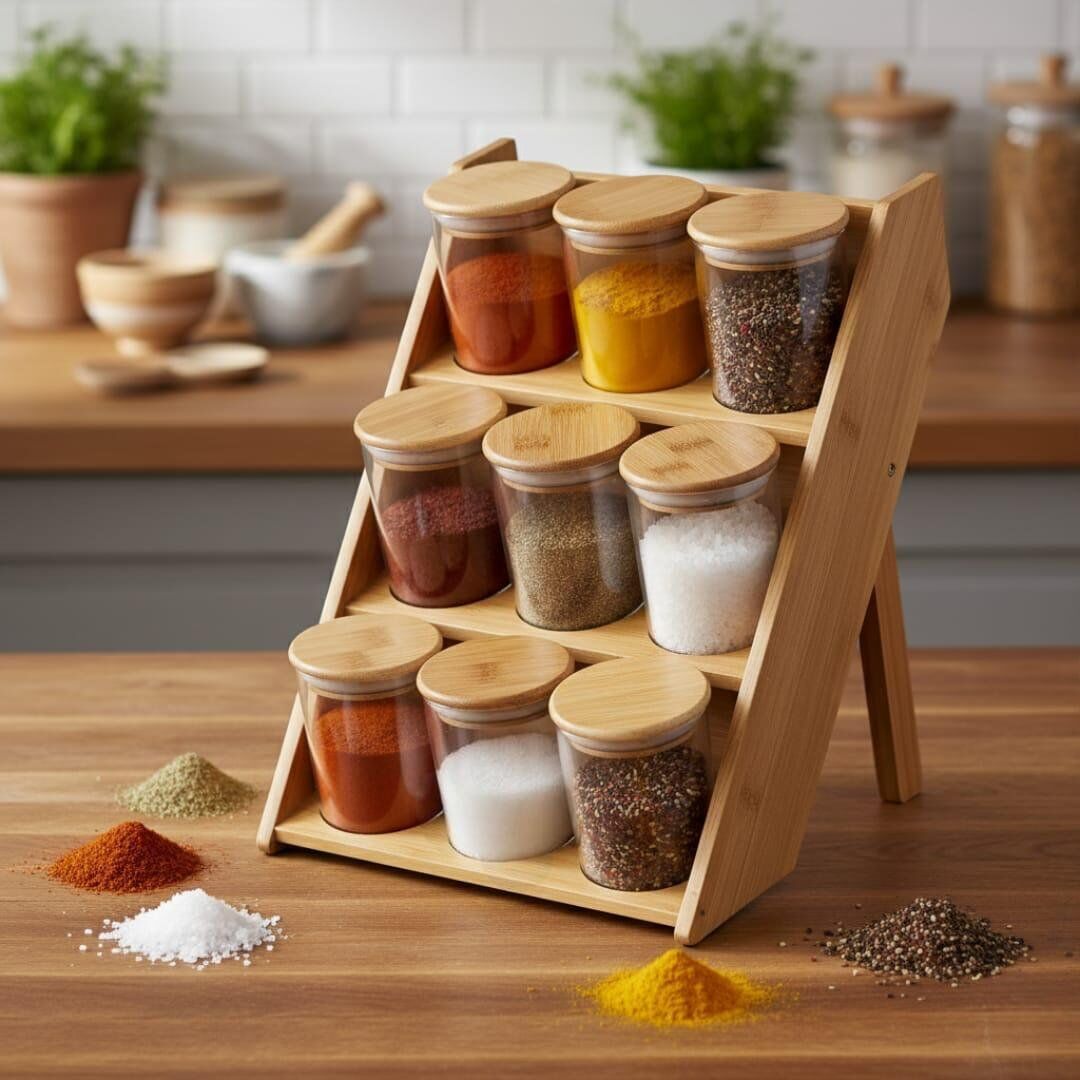 Rangement-organisateur à boîtes à épices - Bambou - 9 boîtes hermétiques - Capacité 200ml - Écologiques - Design contemporain
