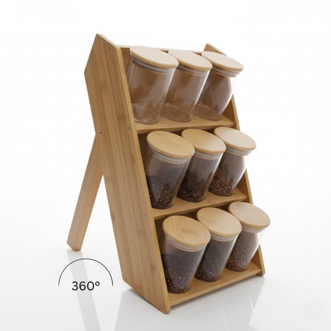 Ranegement-organisateur à boîtes à épices - Bambou - 9 boîtes hermétiques - Capacité 200ml - Écologiques - Design contemporain thumbnail 4