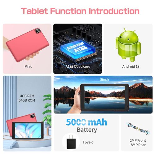 Tablette Tactile 8 Pouces TAB 8, 8Go (4 + 4) Ram, 64 Go Rom, Android 13