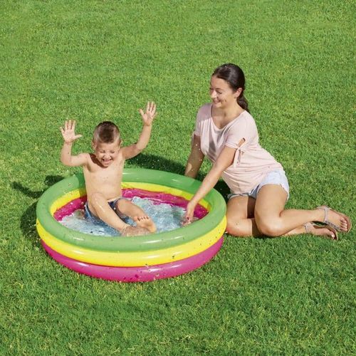 Piscine Gonflable Enfants 1,02m x 25cm, 3 Anneaux avec un Sol Gonflable