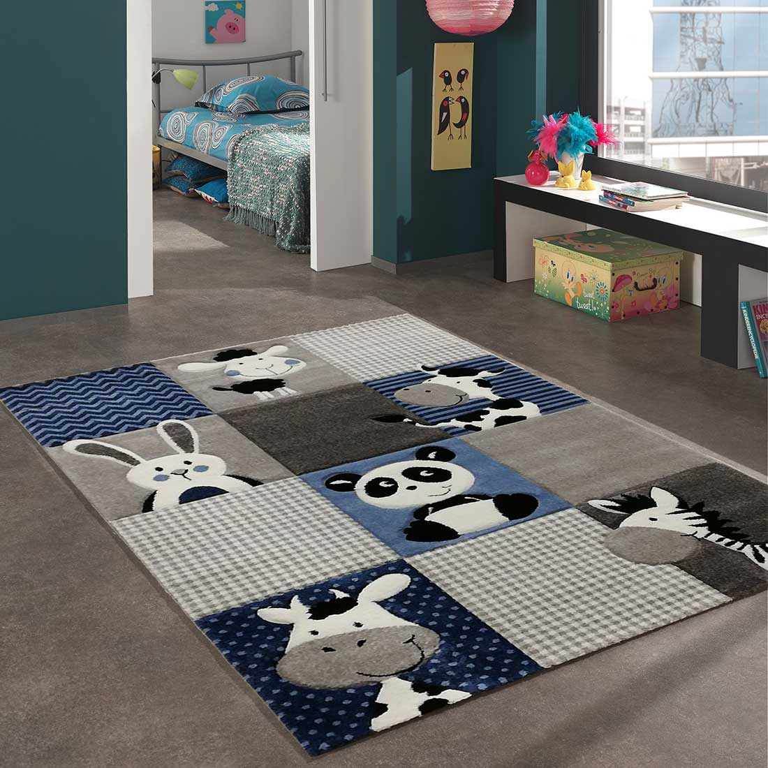 Tapis Zoo Bleu, Gris, Noir thumbnail 1