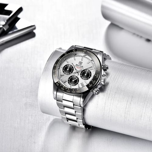 Montre Quartz Mouvement Chronographe et Résistant aux Rayures Bracelet en Acier