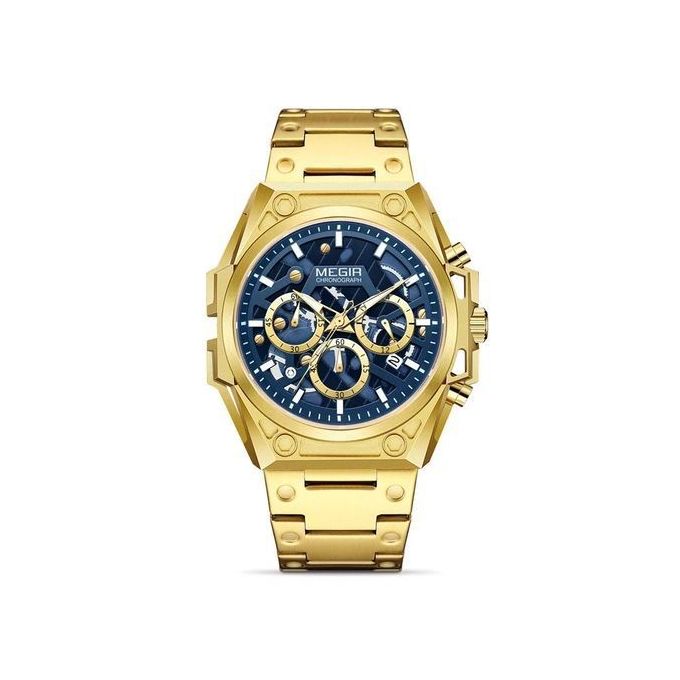 Montre Chronographe Sport Dorée Fond Bleu