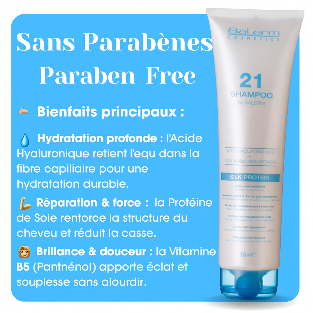 Shampoing sans Paraben, Réparateur acide hyaluronique, Réparation, Protéine de soie, Vitamin B5 Hydratant 300ml