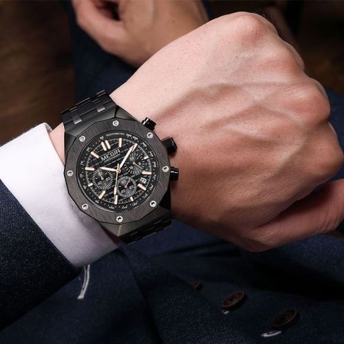 Montre Bracelet Quartz pour Homme, Chronographe Étanche en Acier Inoxydable,noir thumbnail 3