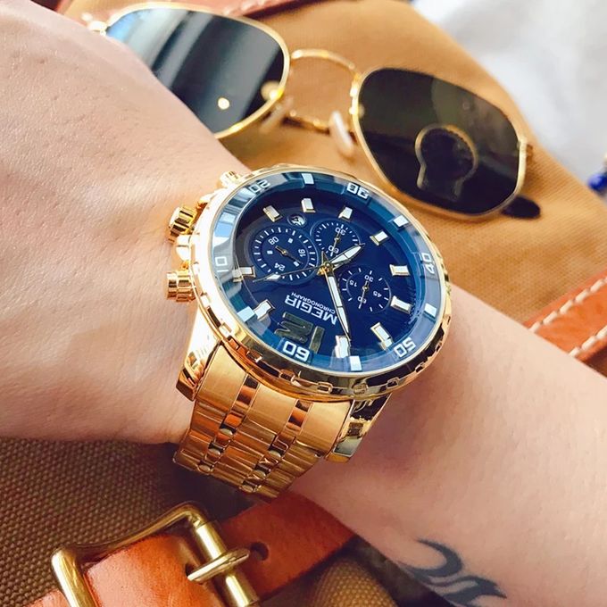 Montre Chronographe Doré Fond Bleu