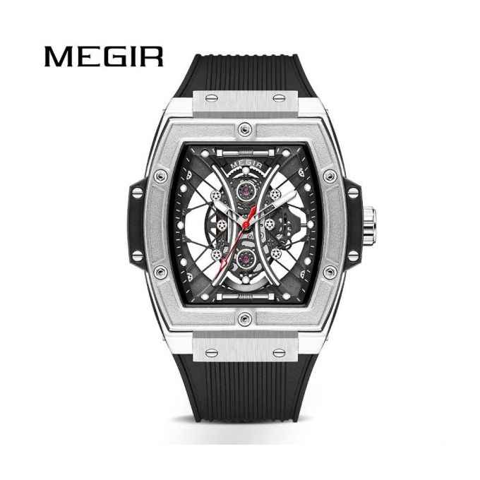 Montre pour Homme Cadran Gris Tonneau Bracelet en Silicone Noir ,avec Boite Free