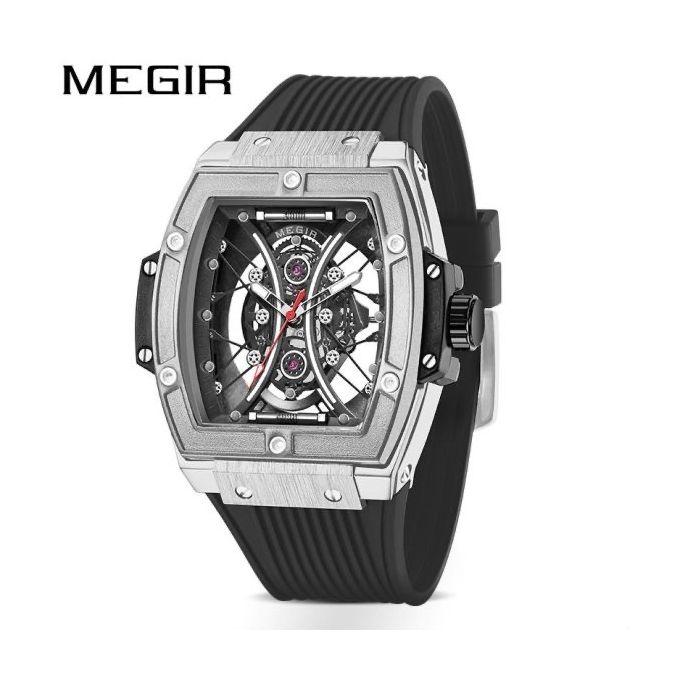Montre pour Homme Cadran Gris Tonneau Bracelet en Silicone Noir ,avec Boite Free