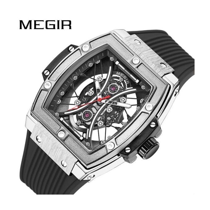 Montre pour Homme Cadran Gris Tonneau Bracelet en Silicone Noir avec Boite Free thumbnail 3