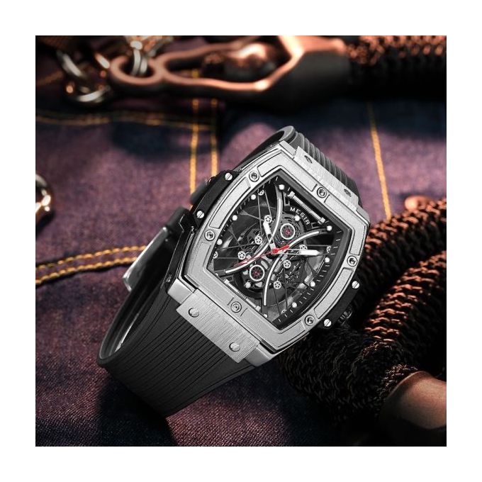 Montre pour Homme Cadran Gris Tonneau Bracelet en Silicone Noir avec Boite Free thumbnail 4