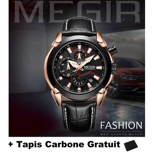 Montre à Quartz Chronographe Lumineuse pour Homme avec Bracelet en Cuir Noir Style + Tapis Offert
