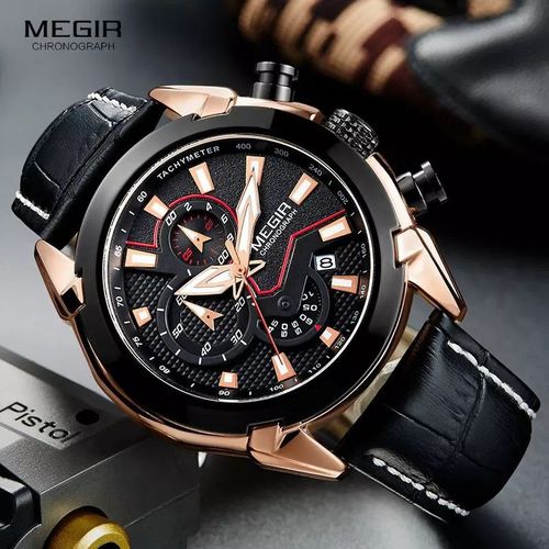 Montre à Quartz Chronographe Lumineuse pour Homme avec Bracelet en Cuir Noir Style + Tapis Offert