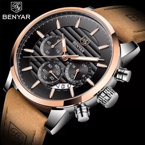 Montre Chronographe de Luxe en Cuir – Noir & Doré